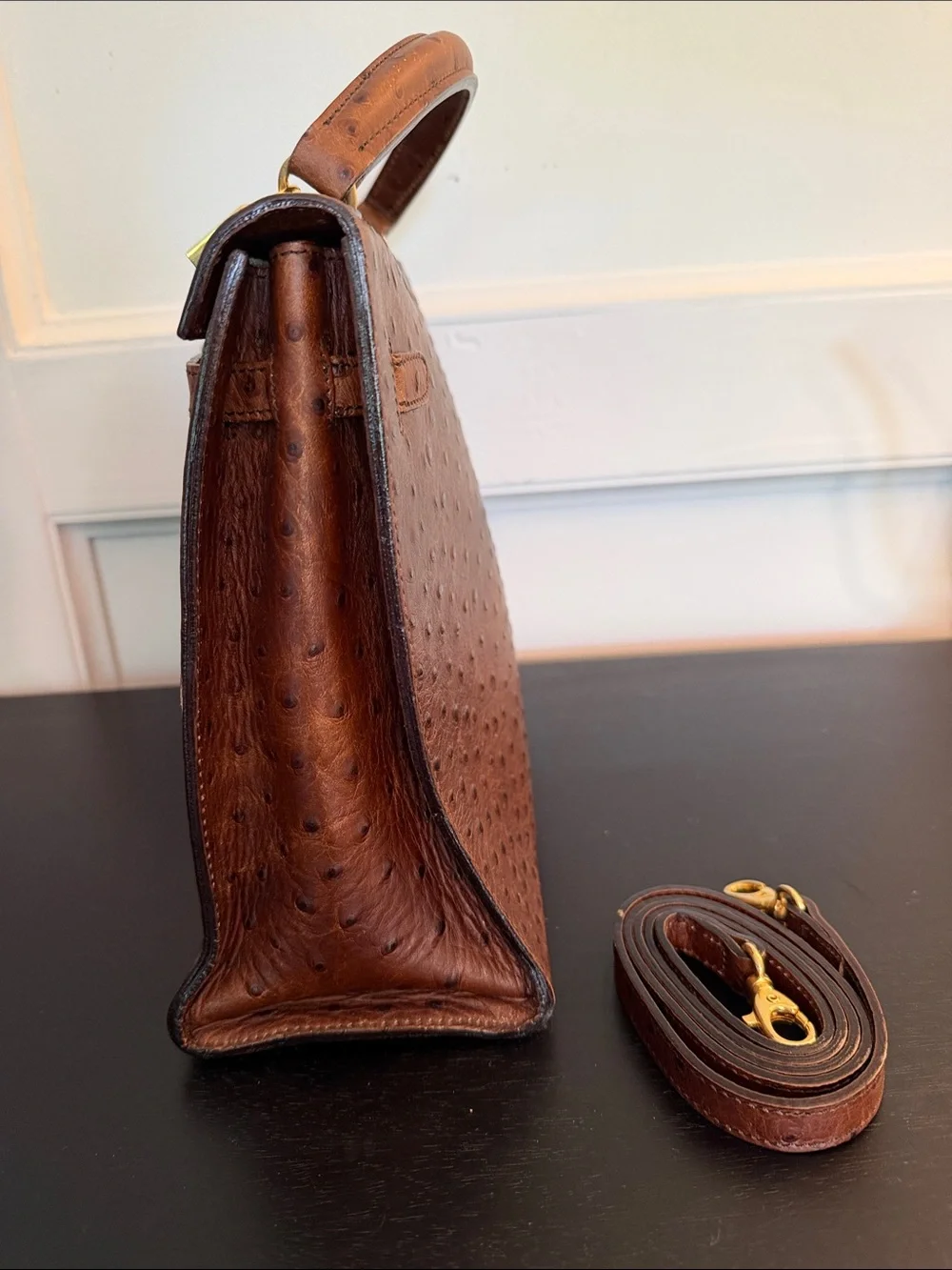 Classic Brown Ostrich-Texture Top Handle Bag